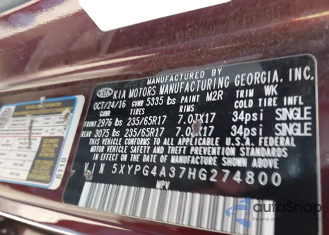 2017 Kia Sorento 2.4L Lx z USA, uszkodzony, nr VIN 5XYPG4A37HG274800